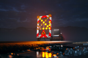 Road Work Sign with Arrow, Flashing Lights, and Road Roller in Background