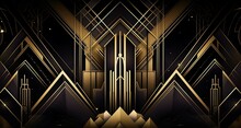 Abstract Art Deco. Great Gatsby 1920s Geometric Architecture Background. Retro Vintage Black, Gold, And Silver Roaring 20s Texture, Generative AI