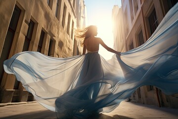 Wall Mural - Woman in silk dress evolved on wind. City on background.