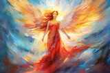 Fototapeta Perspektywa 3d - A captivating angel artwork, skillfully rendered with watercolor and plastic poster color, exuding serenity and wisdom, believed to possess supernatural guidance. generative AI.