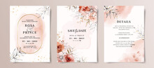 Set Of Watercolor Wedding Invitation Card Template With Red And Peach Floral And Leaves Decoration	