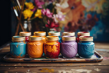 Vibrant Creativity: Glass Jars Of Multicolor Paint Arranged On A Wooden Table In An Art Class, Colorful Display Sparks Imagination And Inspiration, Students Explore Their Creativity
