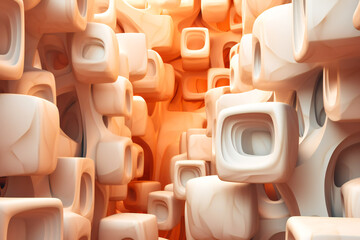 Abstract three dimensional white cube scene illuminated in orange light