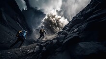 AI Generated Illustration Of Two Hikers Hardly Climbing A Rocky Mountain Trail At Storm