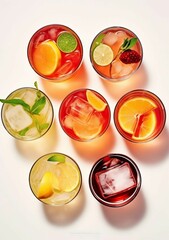 Poster - AI generated illustration of a selection of refreshing drinks arranged on a white background