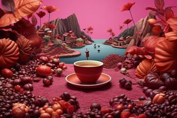 Illustration with cup of coffee in a fantasy world, coffee beans and foliage on a pink background