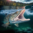 Large pike with big teeth, predatory
    Fish, fishing hobby, clean river.