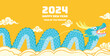 Happy chinese new year of dragon 2024 card illustration with funny dragon in waves and clouds background.