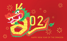 Happy Year Of The Dragon 2024 Greetings Card Design. Funny Face Flying Dragon Forming The Numbers 2024. Fireworks Decorative Background