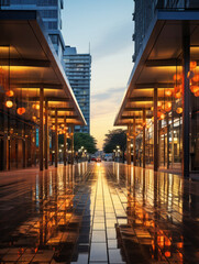 empty pedestrian walkway with city background