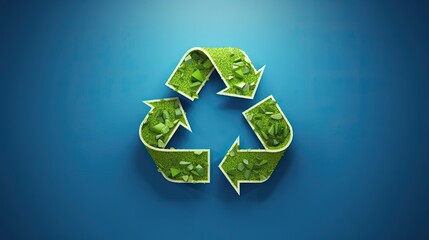 Green recycle symbol made out of green's elements, on blue background with copy space. AI generated
