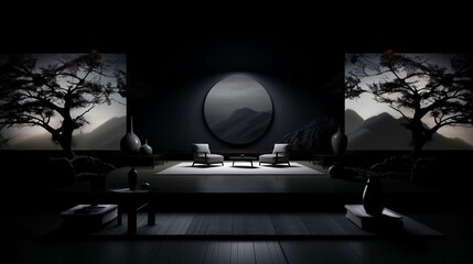 Sticker - Dark Asian-style room with armchairs, trees, and pictures on the wall. AI-generated.