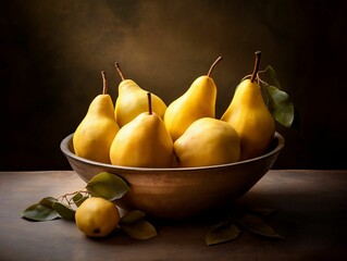 Sticker - AI generated illustration of a pile of fresh, ripe pears in a ceramic bowl