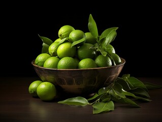 Sticker - AI generated illustration of a pile of fresh, ripe limes in a ceramic bowl