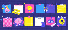 Sticky Hand Drawn Doodle Notes On Paper, Cute Blanks, Office Notices, Home Reminder With Funny Characters. Paper Sticky Notes, Memo Messages, Torn Paper For School, University, Work.