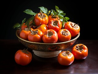 Canvas Print - AI generated illustration of a wooden table with a bowl of fresh, ripe orange persimmons