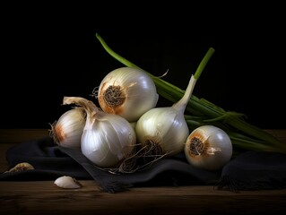 Poster - Still-life arrangement of onions and green onions on a black backdrop, AI-generated.