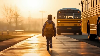 Wall Mural - ai generated illustration of a little school boy walking towards yellow school bus