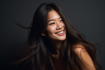 Asian woman with a radiant smile and flowing long hair exudes relaxation against a dark background. Generative AI.