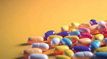 Multicolored pills isolated. Medicines, drugs for the treatment of patients. Pills baner vector illustration. Vitamins and drugs in bright capsules.