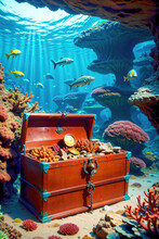 Chest Full Of Treasures Lying At The Bottom Of The Tropical Sea, Coral Reef Underwater.