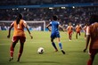 © Prathankarnpap - Woman soccer player wearing in uniform battle action in soccer stadium, Generative Ai content.
