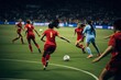 © Prathankarnpap - Woman soccer player wearing in uniform battle action in soccer stadium, Generative Ai content.
