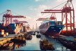 © Surachetsh - Container yard and pier with rows of containers and cranes near a large ship. generative AI.