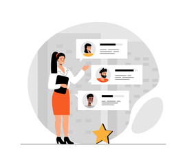 Customer reviews, feedback page. Woman reading user experience comments and client satisfaction rating. Illustration with people scene in flat design for website and mobile development.