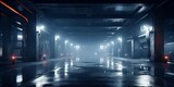 Fototapeta Do przedpokoju - Empty Flooded Industrial Hallway at Night with Eerie Reflections and Dim Lighting, Copy Space, Generative AI