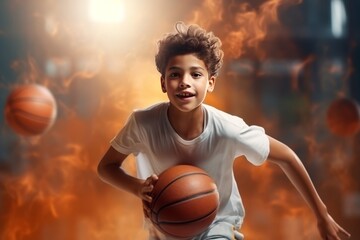 happy latino boy playing basketball. abstract fire
