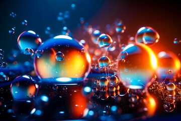 Wall Mural - Group of bubbles floating on top of blue and orange surface with water droplets