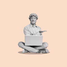Contemporary Art Collage Of A Man Headed By A Statue Head With A Laptop. Concept Of Business, Finance, Economy, Professionalism And Success. Copy Space.
