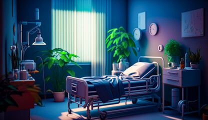 Wall Mural - Hospital room with bed, plant and clock on the wall