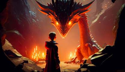 Wall Mural - Young boy looking at dragon in sci - fi