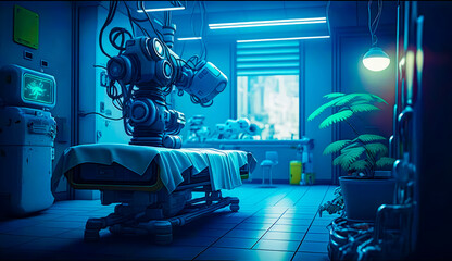 Wall Mural - Hospital room with robot in the middle of the room and plant in the middle of the room