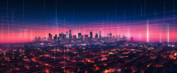 Wall Mural - a mesmerizing urban landscape where the future meets artistry. Vivid purple and pink tones create a striking ambiance, enhanced by a digital line network and web effect generative AI.