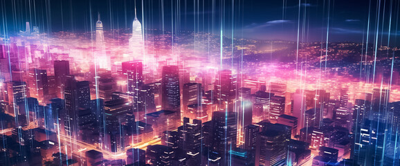 Wall Mural - a mesmerizing urban landscape where the future meets artistry. Vivid purple and pink tones create a striking ambiance, enhanced by a digital line network and web effect generative AI.