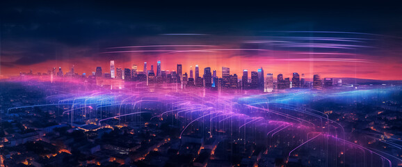 Wall Mural - a mesmerizing urban landscape where the future meets artistry. Vivid purple and pink tones create a striking ambiance, enhanced by a digital line network and web effect generative AI.