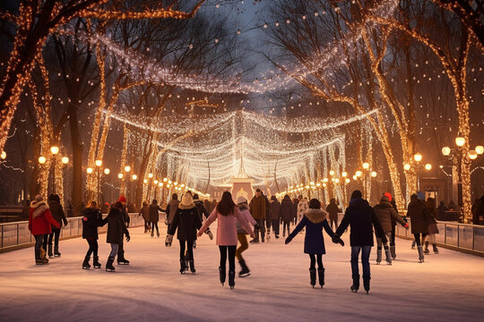 people on an ice rink in a city decorated for Christmas