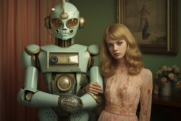 family photo with a robot, retrofuturism