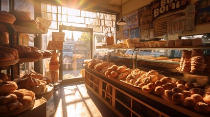 
Delicious buns from the bakery. Various loaves, baguettes. Rye, buckwheat, bran, gluten-free, wheat buns Confectionery. private bakery in the shop. Showcase with pastries. Generative AI