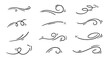 © Polina Tomtosova - Doodle wind line sketch set. Hand drawn doodle wind motion, air blow, swirl elements. Sketch drawn air blow motion, smoke flow art, abstract line. Isolated vector illustration.