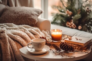 cup of tea with book, candle light and christmas decor in cozy room and winter atmosphere, Generative AI