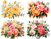 Roses Bouquets Clipart Set.  Colorful Roses Clipart For Crafts, Cards, Invitations, Art Projects. 