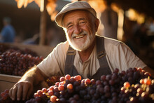 Smiling Senior Farmer Picks Grapes From The Vineyard, His Experience And Joy Evident In Each Carefully Chosen Cluster, Rich Harvest Time In Autumn Sunrise