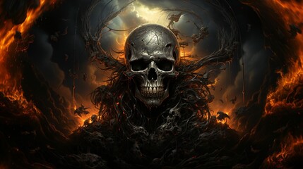 Wall Mural - ai generated illustration of a human skeleton on a backdrop of a burning sky, with billowing clouds