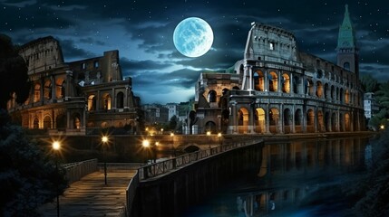 Wall Mural - nighttime view of the colosseum illuminated by a golden light against the tranquil waters of rome