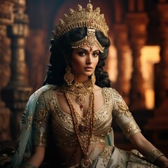 Wall Mural - Beautiful Indian princess wearing a traditional dress and ornate gold jewelry. Ai generated