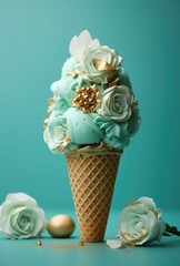 Wall Mural - Delicious ice cream cone topped with green, golden, and white flowers. AI-generated.